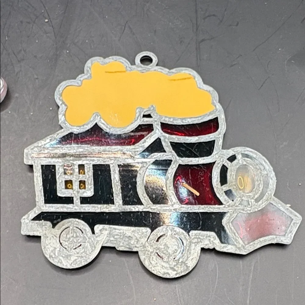 Vintage Plastic Stained Glass Santa and Train Christmas Ornaments